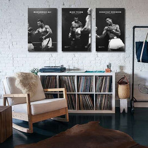 Pine Stretched  Framed 3 Panels  - Boxing Champions - Muhamed Ali, Sugar Ray Robinson, Mike Tyson