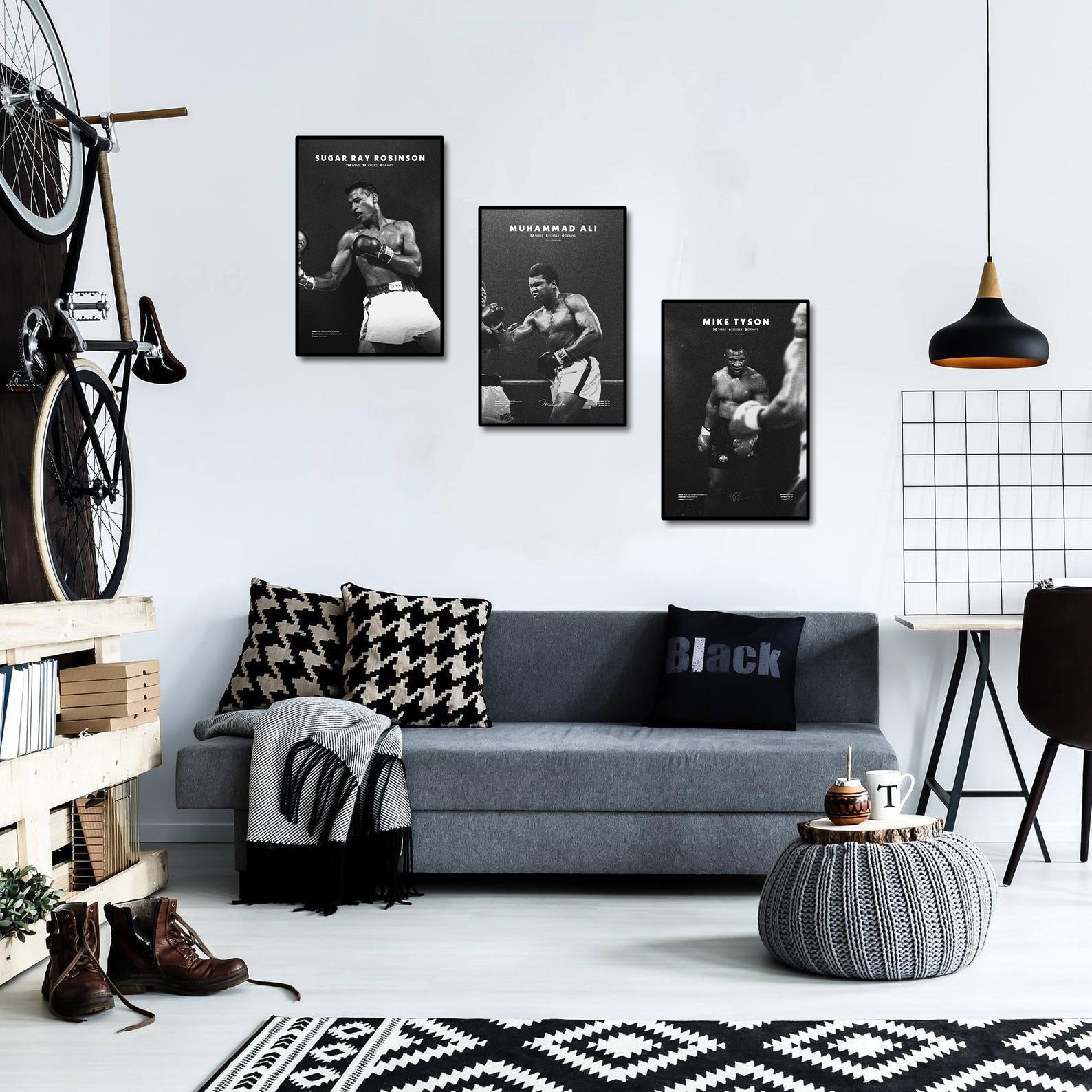 Pine Stretched  Framed 3 Panels  - Boxing Champions - Muhamed Ali, Sugar Ray Robinson, Mike Tyson