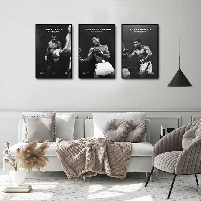 Pine Stretched  Framed 3 Panels  - Boxing Champions - Muhamed Ali, Sugar Ray Robinson, Mike Tyson