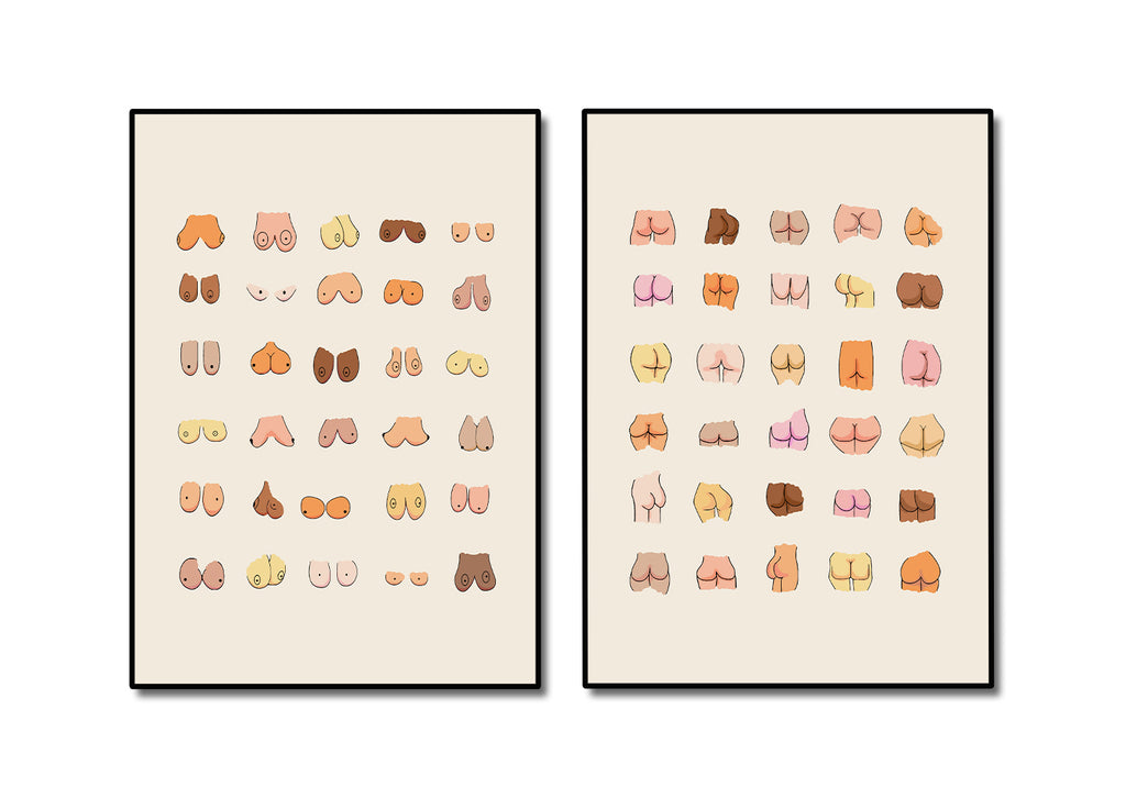Pine Stretched  Framed 2 Panels - Set of 2 Color Nude Funny Butts and Boobs