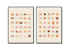 Pine Stretched  Framed 2 Panels - Set of 2 Color Nude Funny Butts and Boobs