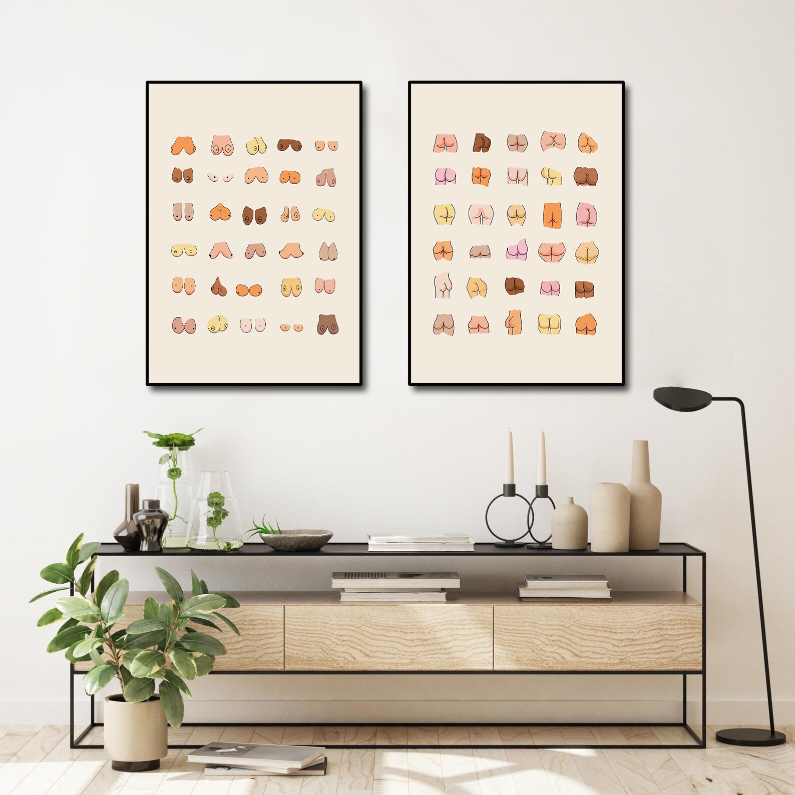 Pine Stretched  Framed 2 Panels - Set of 2 Color Nude Funny Butts and Boobs