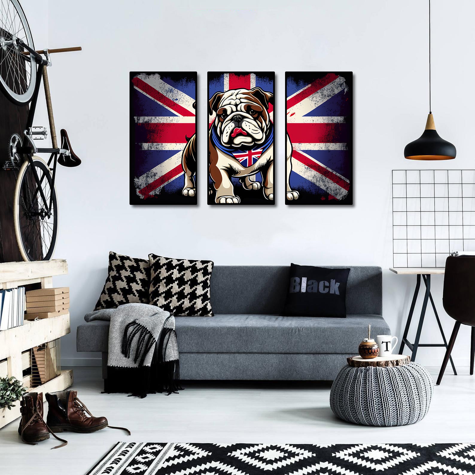 Modern Animal Canvas Wall Art Print Poster | Home Decor | Stretched 3 Panels - British Bulldog