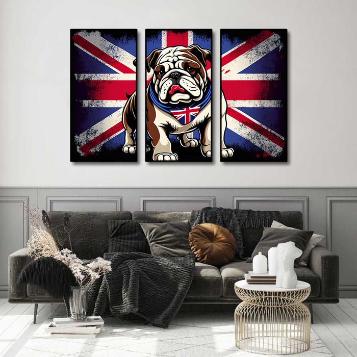 Modern Animal Canvas Wall Art Print Poster | Home Decor | Stretched 3 Panels - British Bulldog