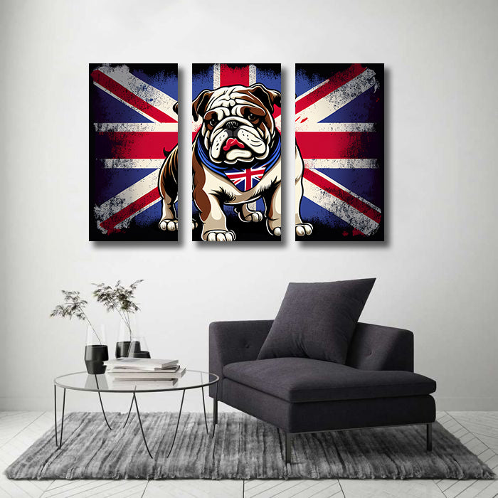 Modern Animal Canvas Wall Art Print Poster | Home Decor | Stretched 3 Panels - British Bulldog