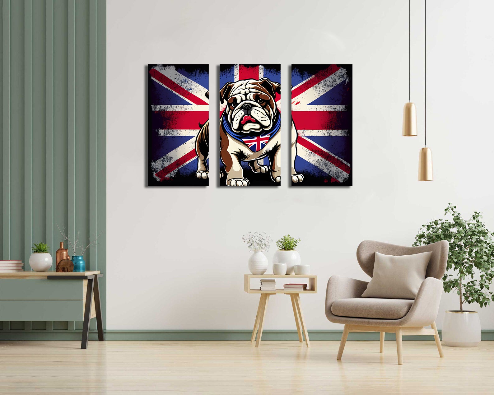 Modern Animal Canvas Wall Art Print Poster | Home Decor | Stretched 3 Panels - British Bulldog