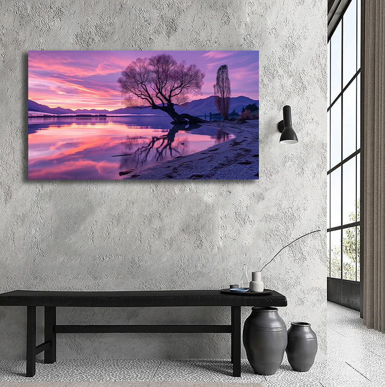 Modern Landscape Canvas Wall Art Print Poster | Home Decor | Stretched 1 Panel - Lake Wanaka at Sunset