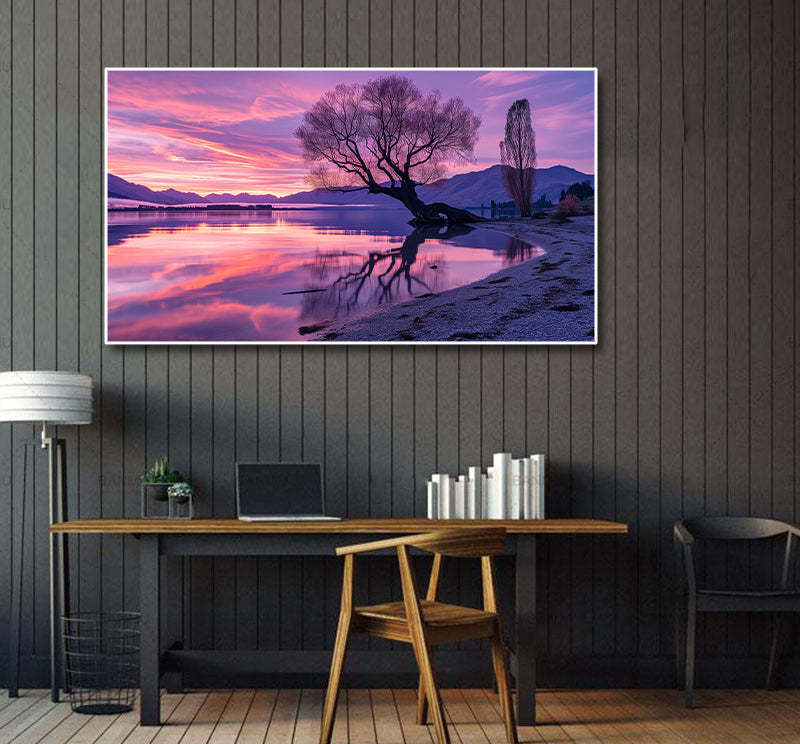 Modern Landscape Canvas Wall Art Print Poster | Home Decor | Stretched 1 Panel - Lake Wanaka at Sunset