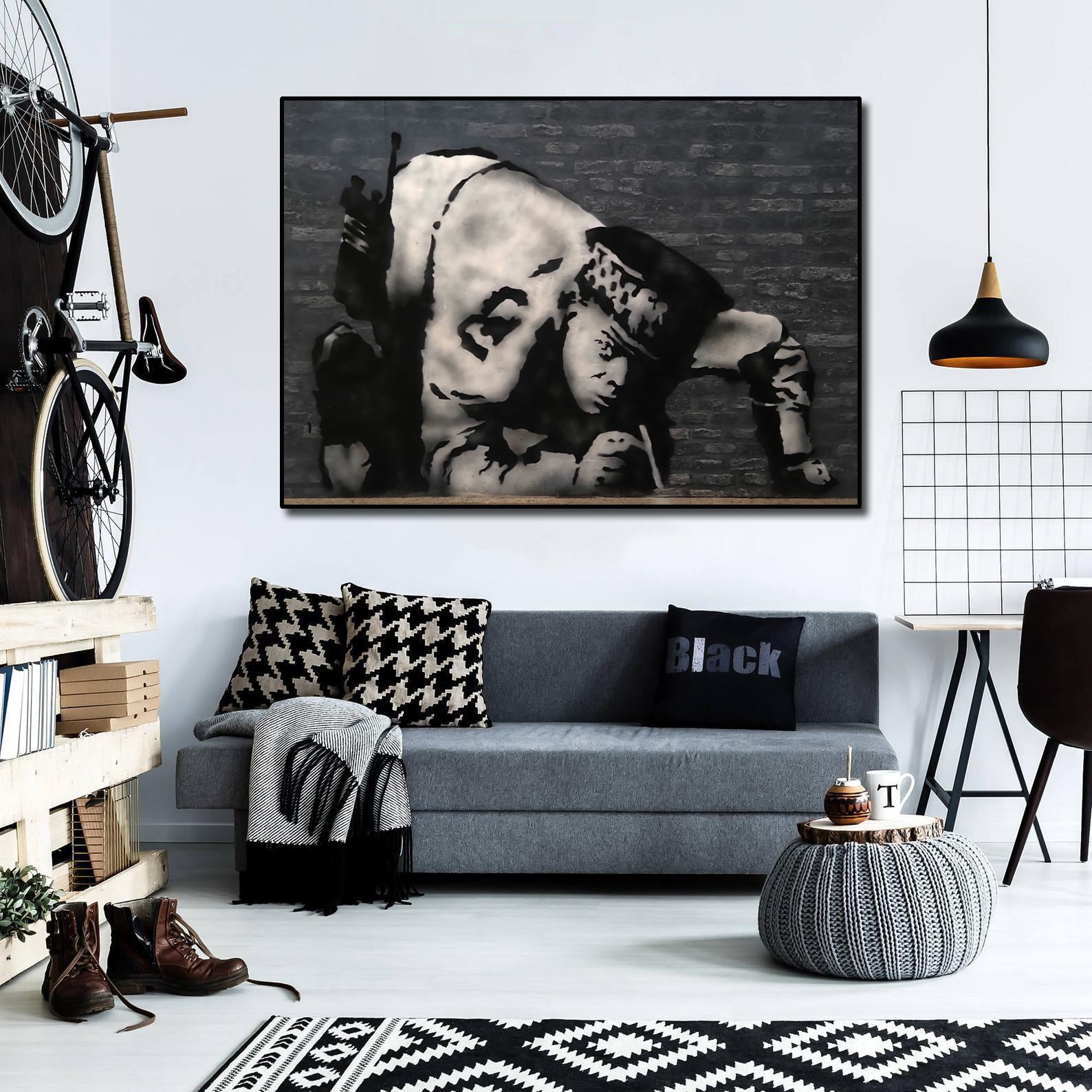 Banksy | Urban Graffiti Canvas Wall Art Print Poster | Home Decor | Stretched 1 Panel Art in Lisbon Rua ViriatoPortugal