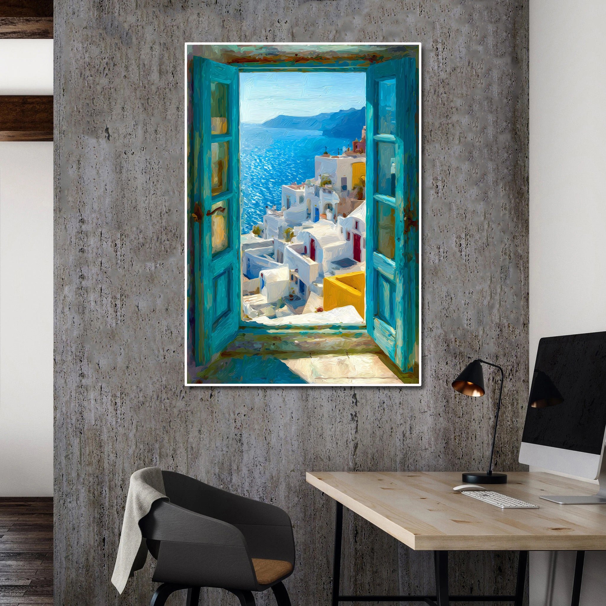 Pine Stretched  Framed 1 Panel - Patio Doors Greece, Santorini Greek Islands