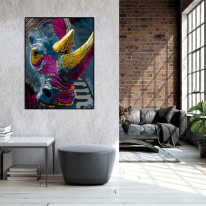 Modern Animal Canvas Wall Art Print Poster | Home Decor | Stretched 1 Panel - Multicolore Rhino