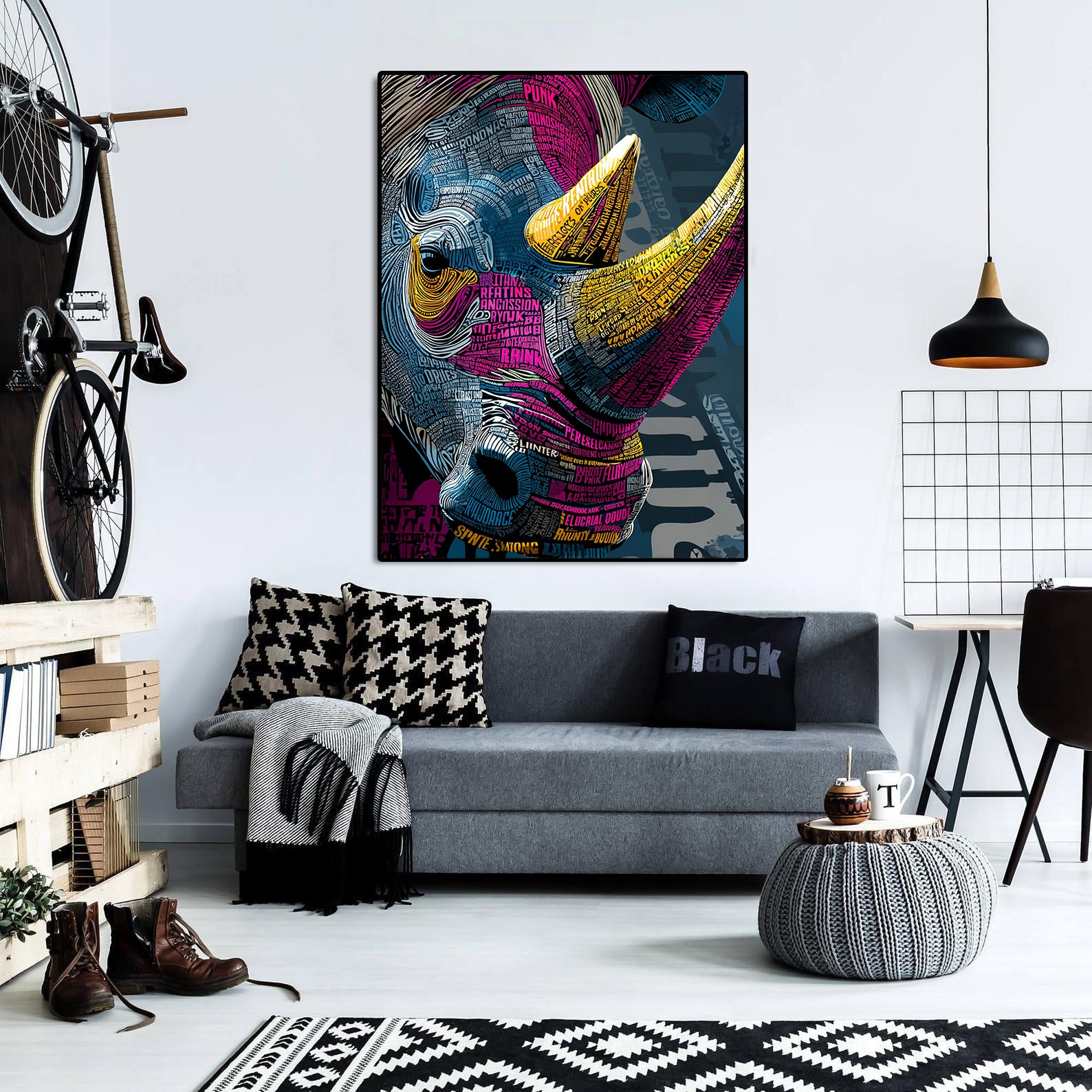 Modern Animal Canvas Wall Art Print Poster | Home Decor | Stretched 1 Panel - Multicolore Rhino