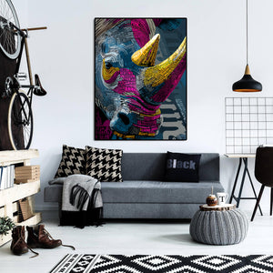 Modern Animal Canvas Wall Art Print Poster | Home Decor | Stretched 1 Panel - Multicolore Rhino