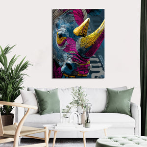 Modern Animal Canvas Wall Art Print Poster | Home Decor | Stretched 1 Panel - Multicolore Rhino