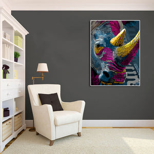 Modern Animal Canvas Wall Art Print Poster | Home Decor | Stretched 1 Panel - Multicolore Rhino