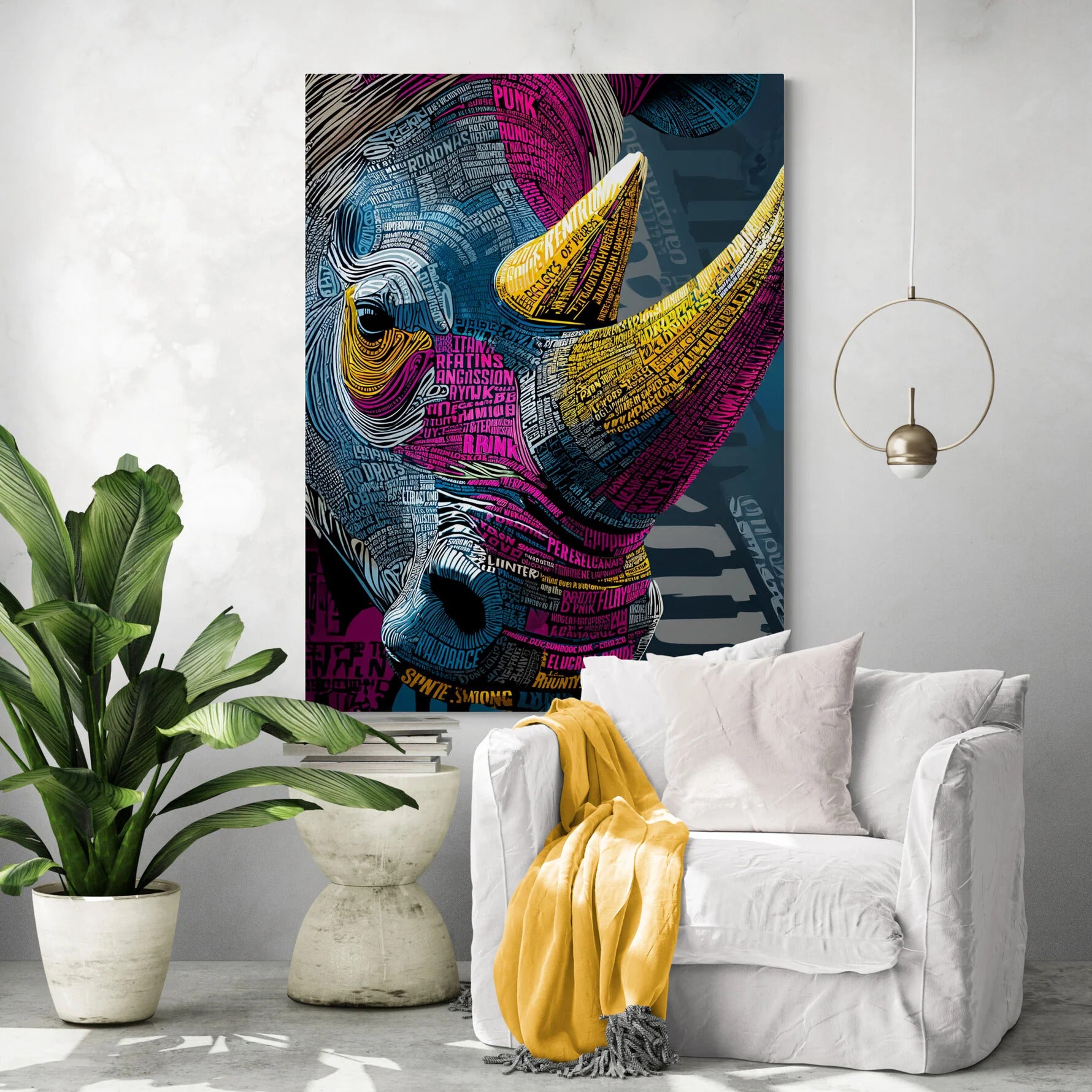 Modern Animal Canvas Wall Art Print Poster | Home Decor | Stretched 1 Panel - Multicolore Rhino