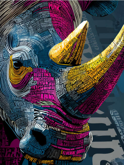 Modern Animal Canvas Wall Art Print Poster | Home Decor | Stretched 1 Panel - Multicolore Rhino