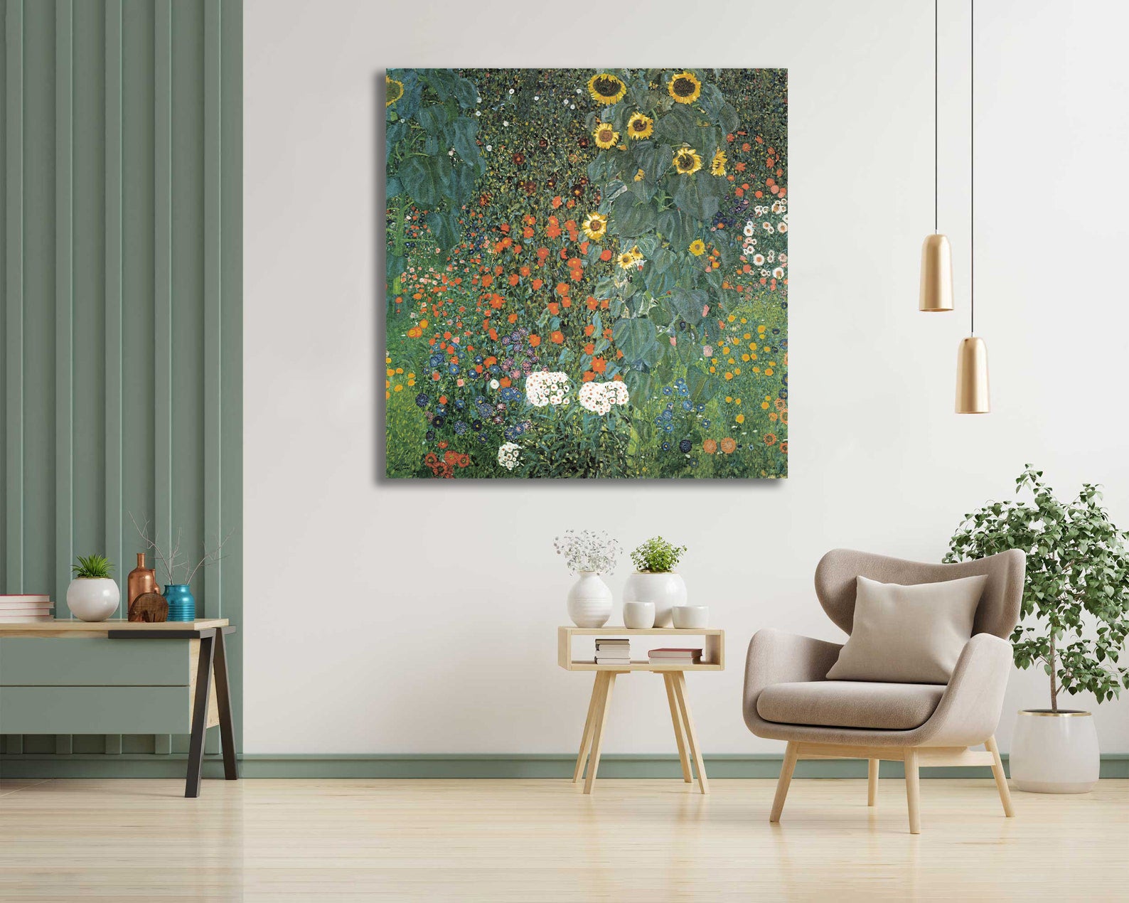 Canvas Wall Art, Classic Fine Art Stretched 1 Panel - Farm Garden with Sunflowers by Gustav Klimt