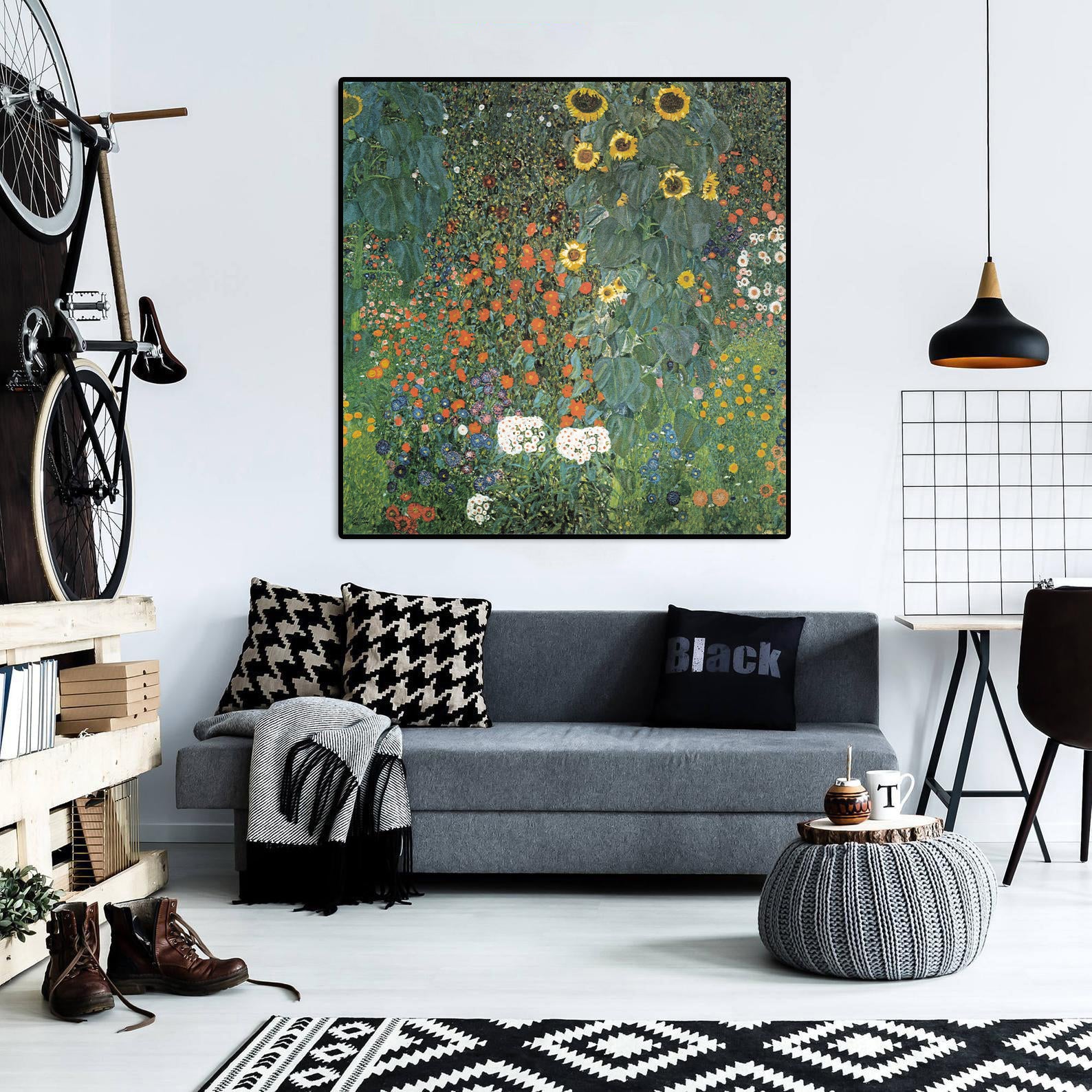 Canvas Wall Art, Classic Fine Art Stretched 1 Panel - Farm Garden with Sunflowers by Gustav Klimt