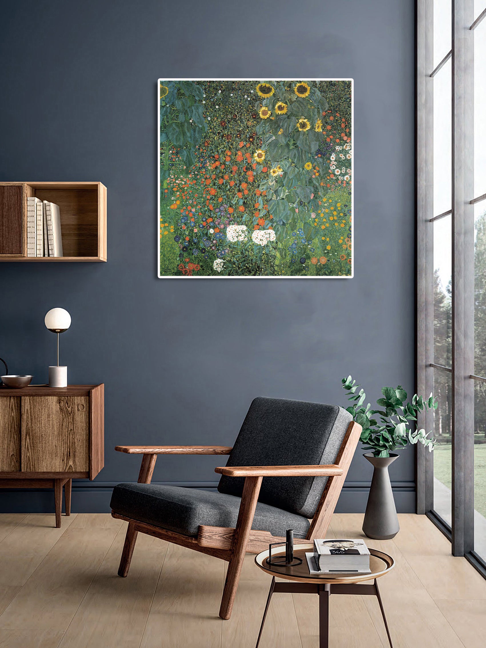 Canvas Wall Art, Classic Fine Art Stretched 1 Panel - Farm Garden with Sunflowers by Gustav Klimt