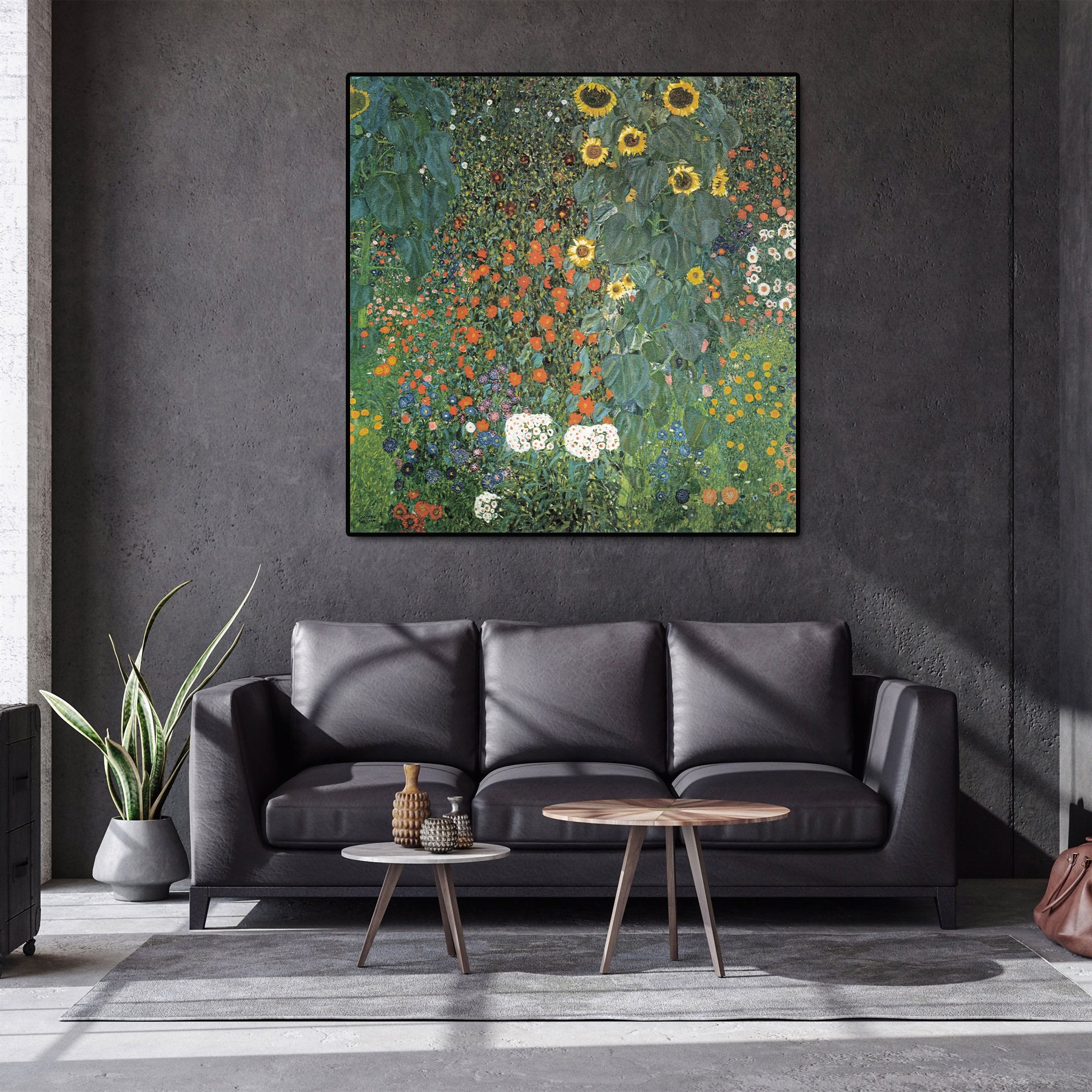Canvas Wall Art, Classic Fine Art Stretched 1 Panel - Farm Garden with Sunflowers by Gustav Klimt