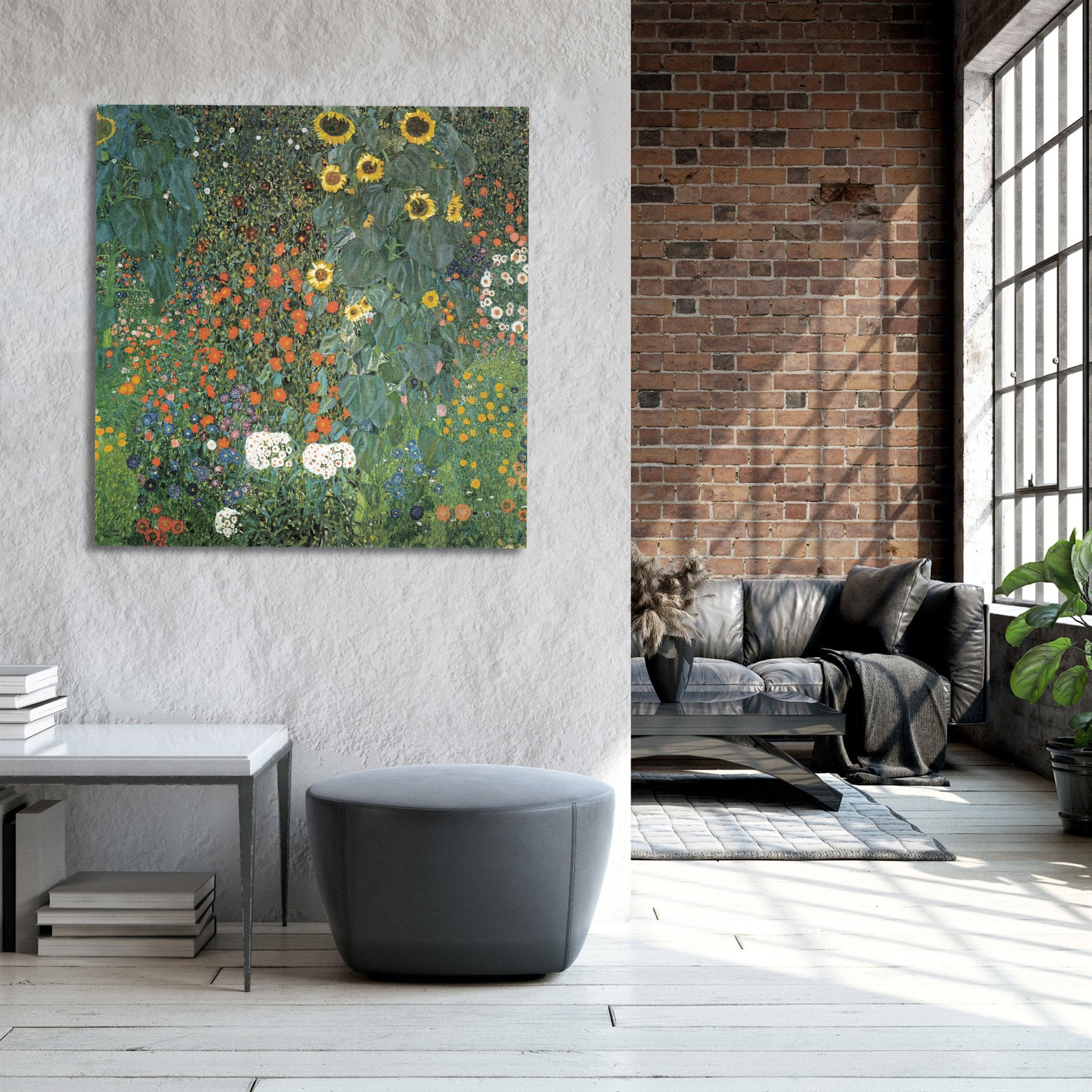 Canvas Wall Art, Classic Fine Art Stretched 1 Panel - Farm Garden with Sunflowers by Gustav Klimt