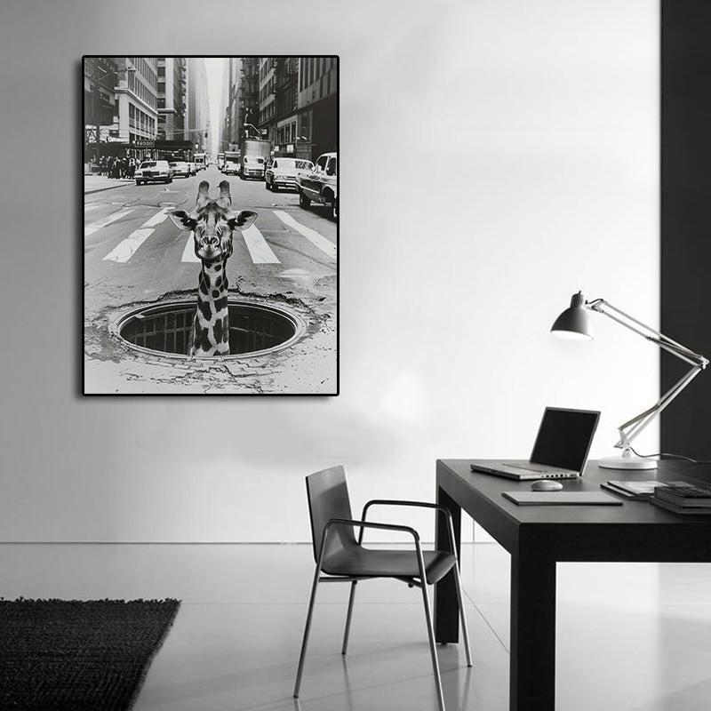 Modern Black and White Animal Modern Canvas Wall Art Print Poster | Home Decor | Stretched 1 Panel - City Sightseeing