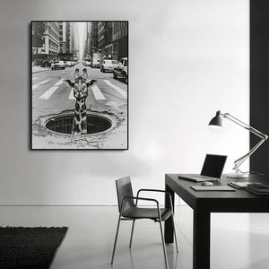 Modern Black and White Animal Modern Canvas Wall Art Print Poster | Home Decor | Stretched 1 Panel - City Sightseeing
