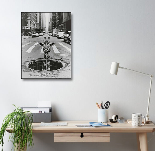 Modern Black and White Animal Modern Canvas Wall Art Print Poster | Home Decor | Stretched 1 Panel - City Sightseeing
