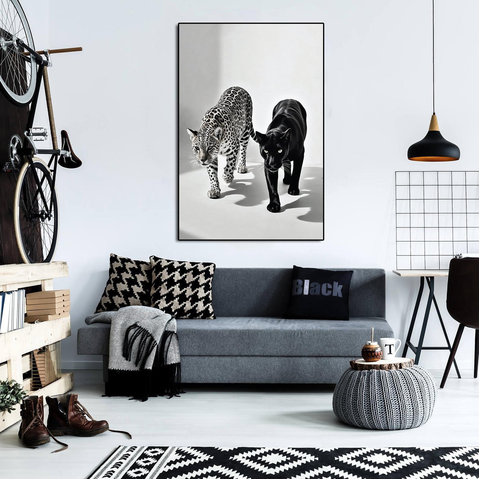 Minimalist Black and White Animal Canvas Wall Art Print | Home Decor | Stretched 1 Panel - leopards