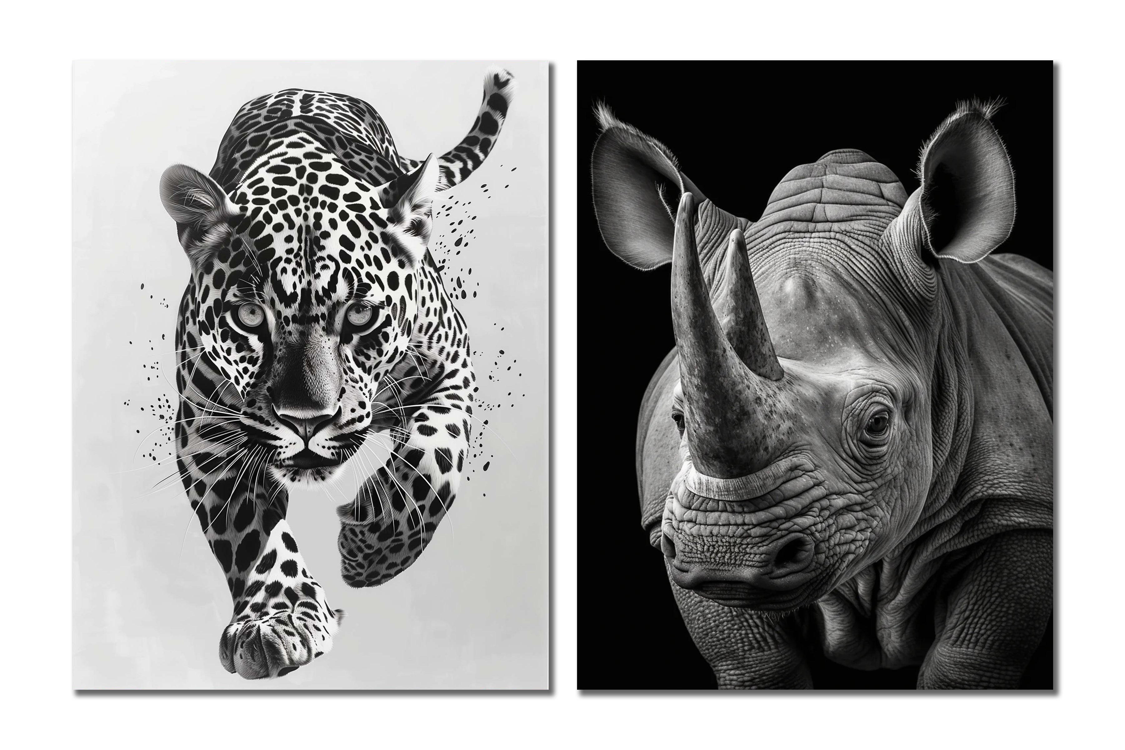 Minimalist Black and White Animal Canvas Wall Art Print | Home Decor | Stretched 2 Panels - leopard & Rhino