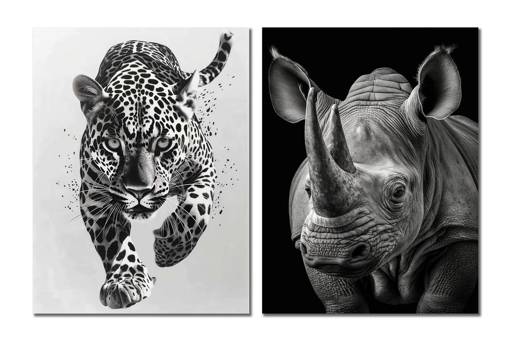 Minimalist Black and White Animal Canvas Wall Art Print | Home Decor | Stretched 2 Panels - leopard & Rhino
