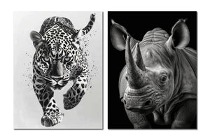 Minimalist Black and White Animal Canvas Wall Art Print | Home Decor | Stretched 2 Panels - leopard & Rhino