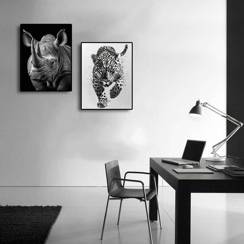 Minimalist Black and White Animal Canvas Wall Art Print | Home Decor | Stretched 2 Panels - leopard & Rhino