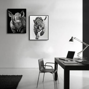 Minimalist Black and White Animal Canvas Wall Art Print | Home Decor | Stretched 2 Panels - leopard & Rhino