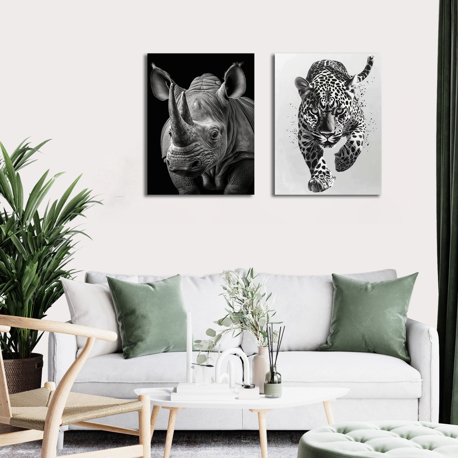 Minimalist Black and White Animal Canvas Wall Art Print | Home Decor | Stretched 2 Panels - leopard & Rhino