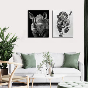 Minimalist Black and White Animal Canvas Wall Art Print | Home Decor | Stretched 2 Panels - leopard & Rhino