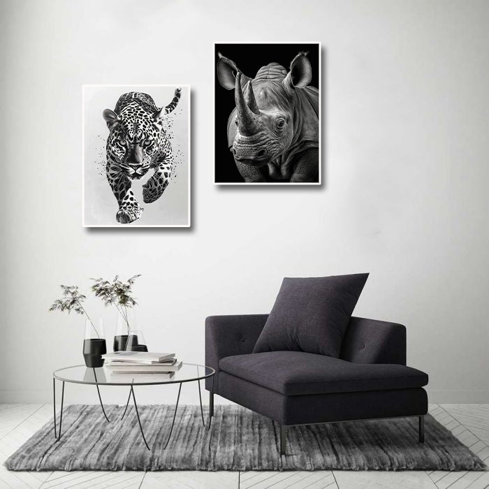 Minimalist Black and White Animal Canvas Wall Art Print | Home Decor | Stretched 2 Panels - leopard & Rhino