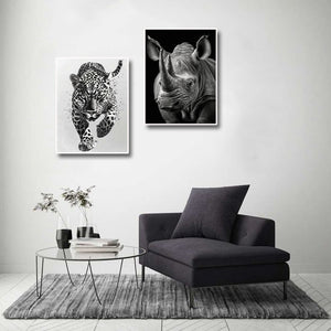 Minimalist Black and White Animal Canvas Wall Art Print | Home Decor | Stretched 2 Panels - leopard & Rhino