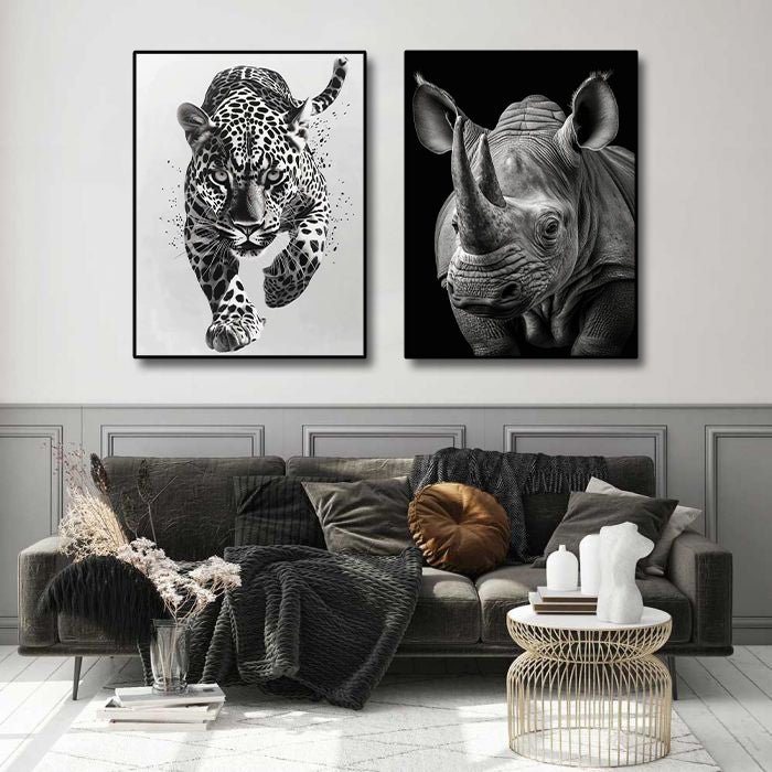 Minimalist Black and White Animal Canvas Wall Art Print | Home Decor | Stretched 2 Panels - leopard & Rhino