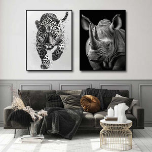 Minimalist Black and White Animal Canvas Wall Art Print | Home Decor | Stretched 2 Panels - leopard & Rhino