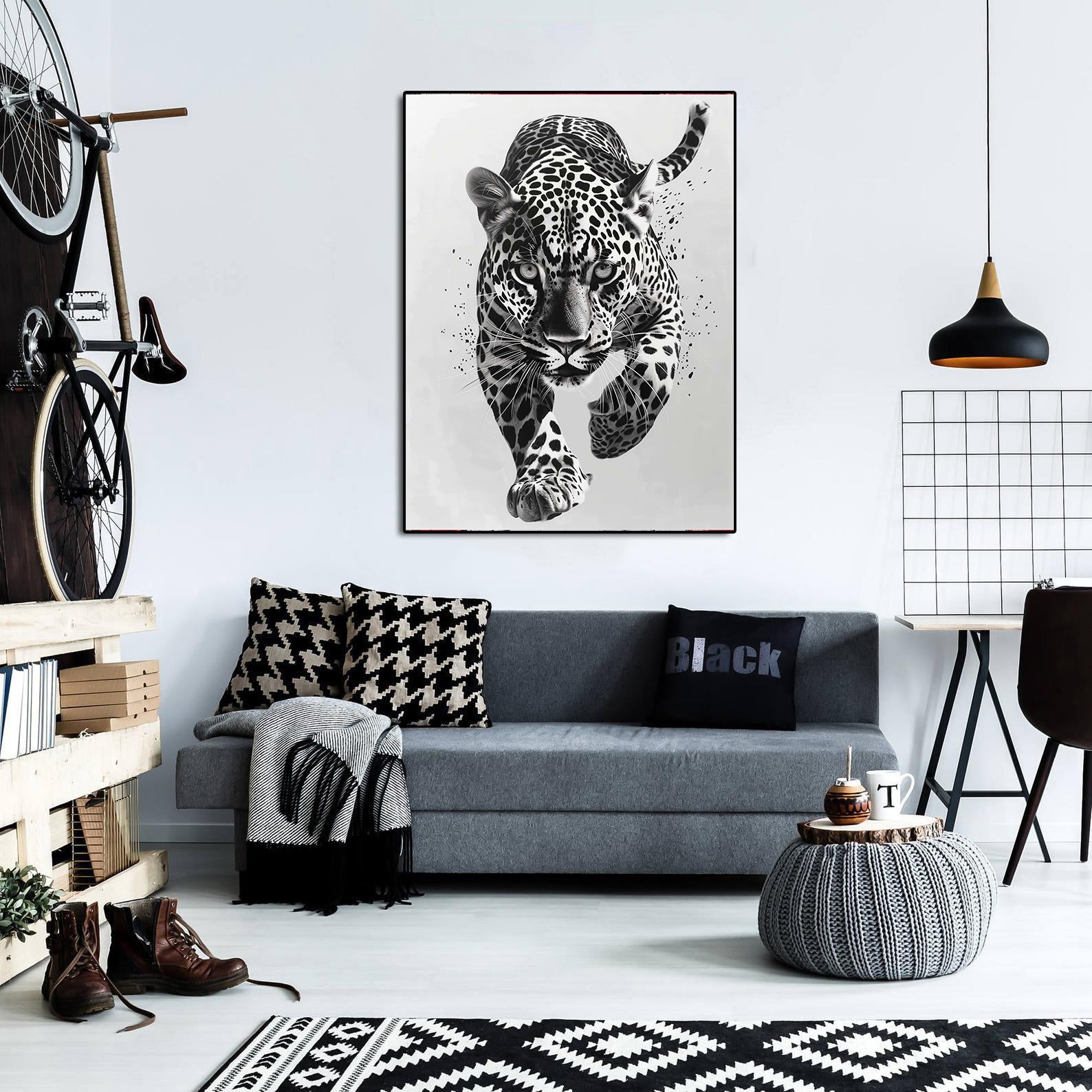 Minimalist Black and White Animal Canvas Wall Art Print | Home Decor | Stretched 1 Panel - leopard