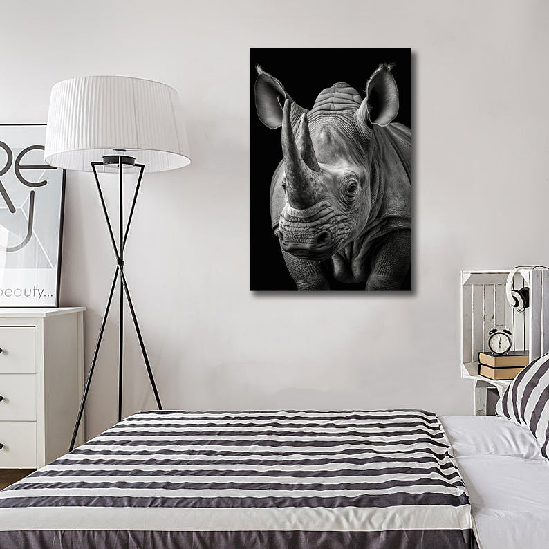 Minimalist Black and White Animal Canvas Wall Art Print | Home Decor | Stretched 1 Panel - Rhino