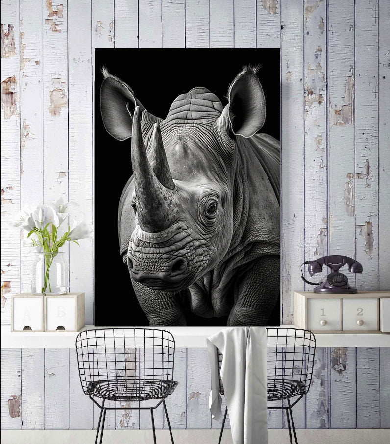 Minimalist Black and White Animal Canvas Wall Art Print | Home Decor | Stretched 1 Panel - Rhino