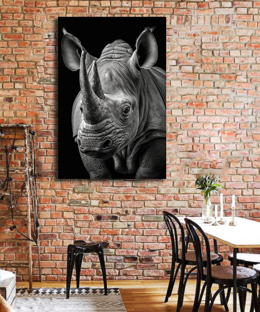 Minimalist Black and White Animal Canvas Wall Art Print | Home Decor | Stretched 1 Panel - Rhino