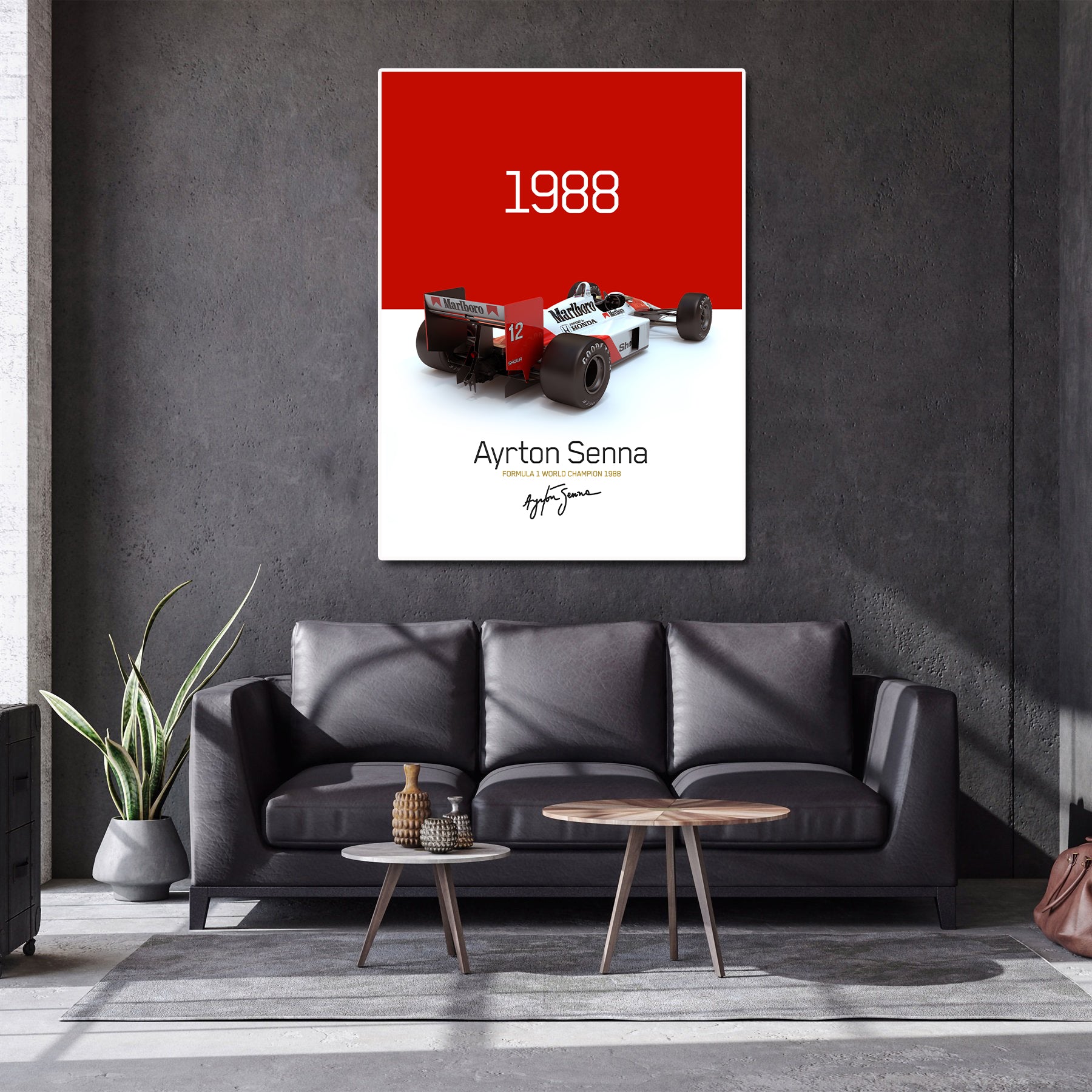 Classic Vehicles Canvas Wall Art Print Poster | Home Decor | Stretched 1 Panel - Mclaren MP4-4 Ayrton Senna 1988 Champion