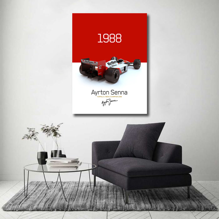 Classic Vehicles Canvas Wall Art Print Poster | Home Decor | Stretched 1 Panel - Mclaren MP4-4 Ayrton Senna 1988 Champion