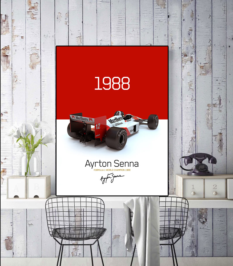 Classic Vehicles Canvas Wall Art Print Poster | Home Decor | Stretched 1 Panel - Mclaren MP4-4 Ayrton Senna 1988 Champion