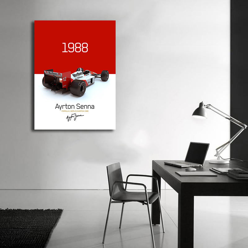 Classic Vehicles Canvas Wall Art Print Poster | Home Decor | Stretched 1 Panel - Mclaren MP4-4 Ayrton Senna 1988 Champion