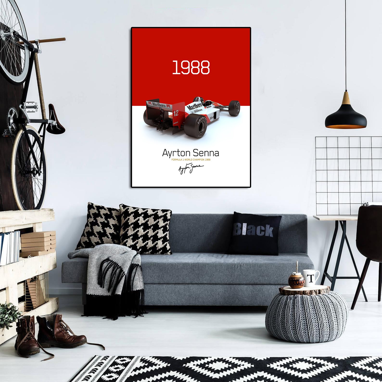 Classic Vehicles Canvas Wall Art Print Poster | Home Decor | Stretched 1 Panel - Mclaren MP4-4 Ayrton Senna 1988 Champion